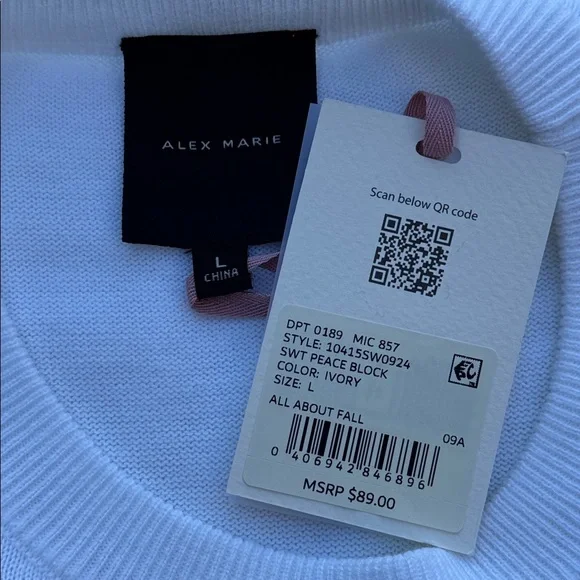 Alex Marie Peace Sweater White Gold Metallic Crewneck Large NWT Quiet Luxury - Picture 5 of 6